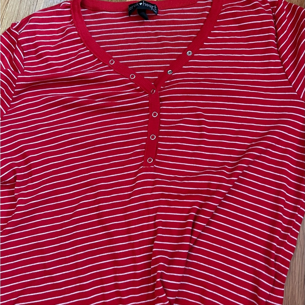 Red and white stripped button t shirt
